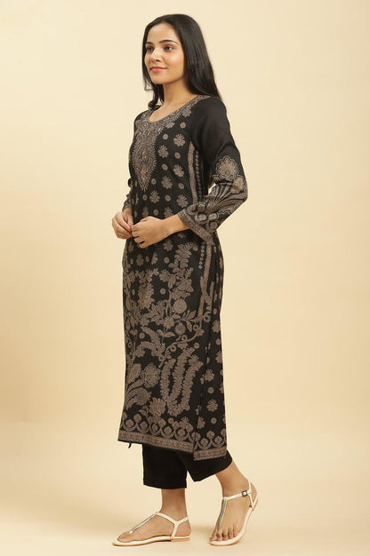 Black Jacquard Winter Kurta, Pants And Dupatta Set - wforwoman