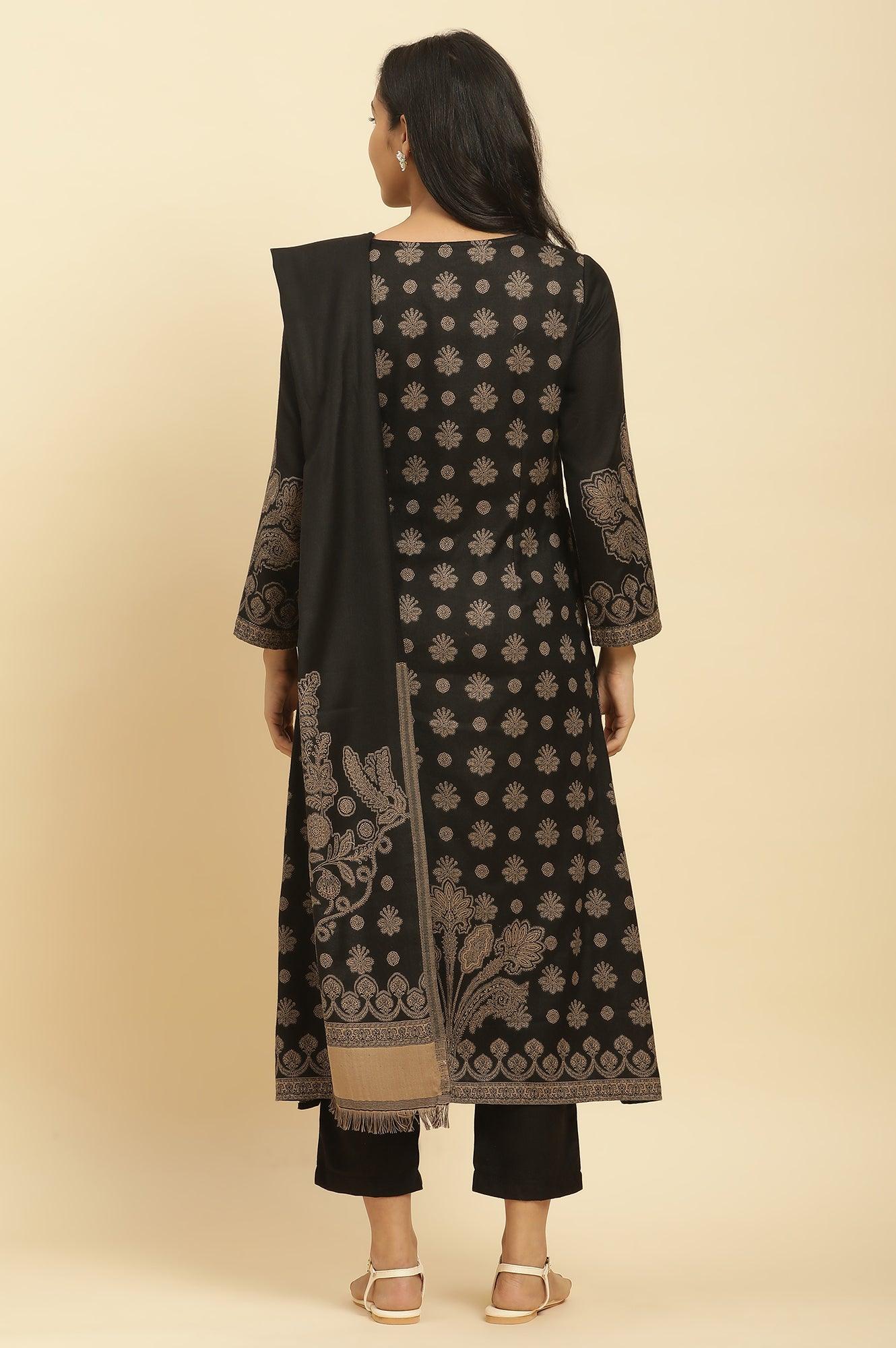 Black Jacquard Winter Kurta, Pants And Dupatta Set - wforwoman