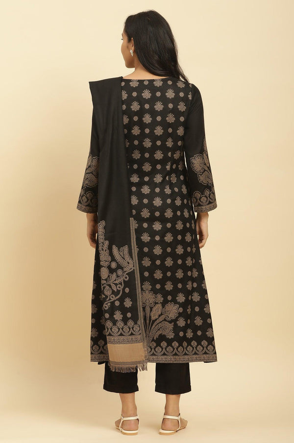 Black Jacquard Winter Kurta, Pants And Dupatta Set