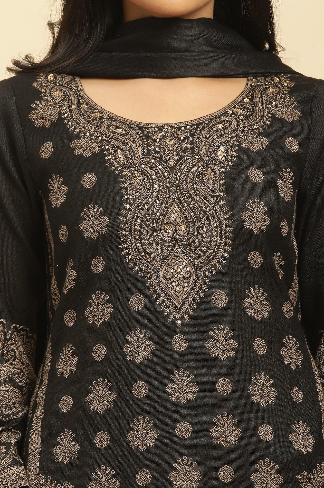 Black Jacquard Winter Kurta, Pants And Dupatta Set - wforwoman