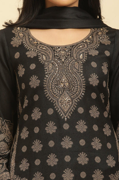 Black Jacquard Winter Kurta, Pants And Dupatta Set - wforwoman