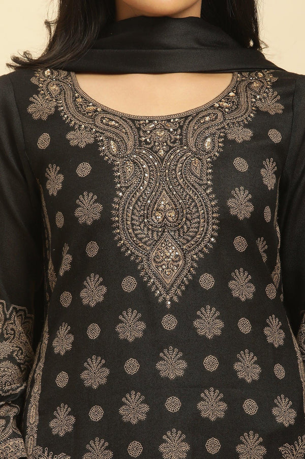 Black Jacquard Winter Kurta, Pants And Dupatta Set