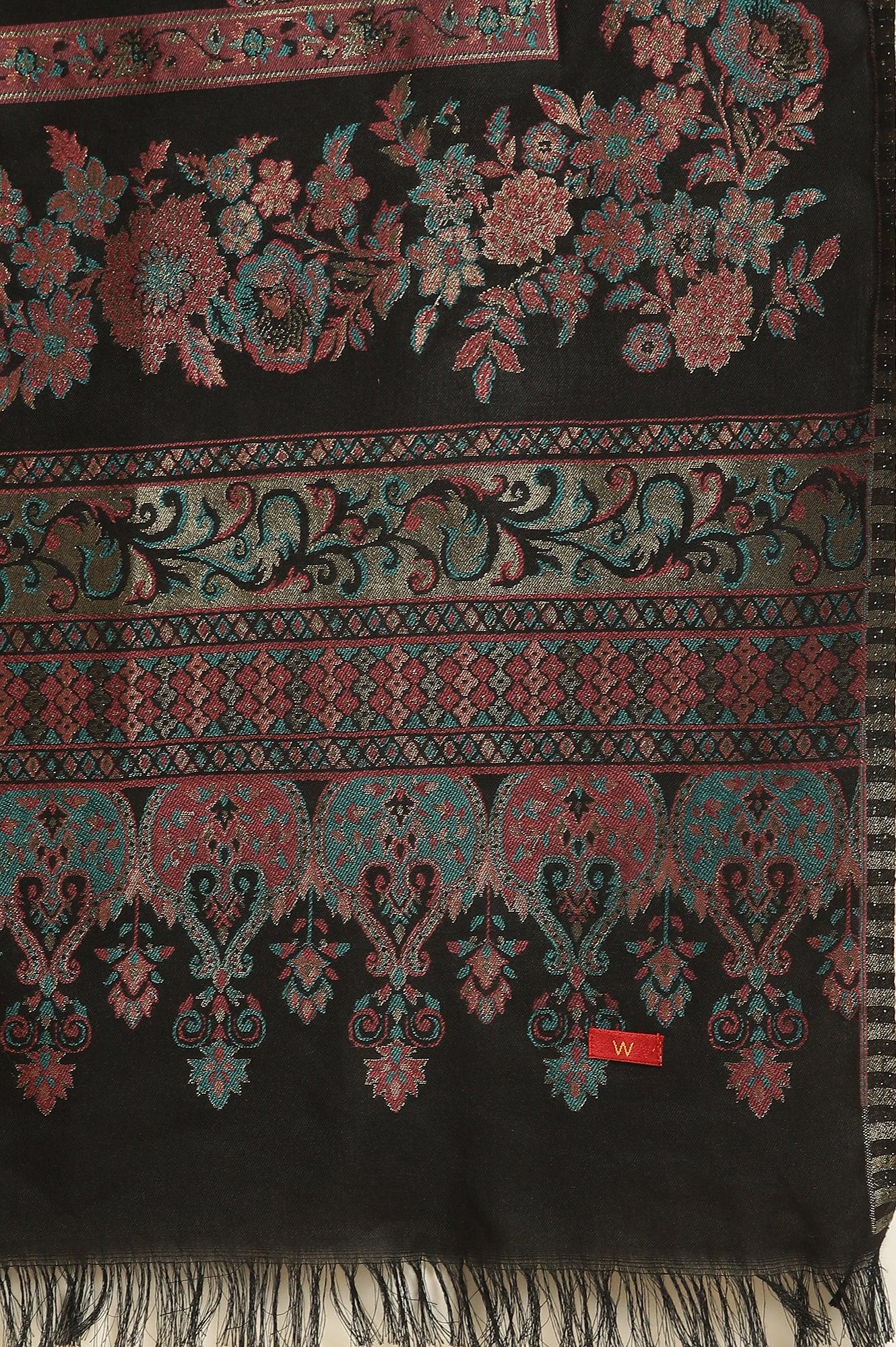 Black Paisley Yoke And Gold Zari Winter Kurta, Pants And Shawl Set - wforwoman