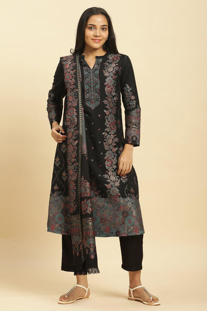 Black Paisley Yoke And Gold Zari Winter Kurta, Pants And Shawl Set - wforwoman