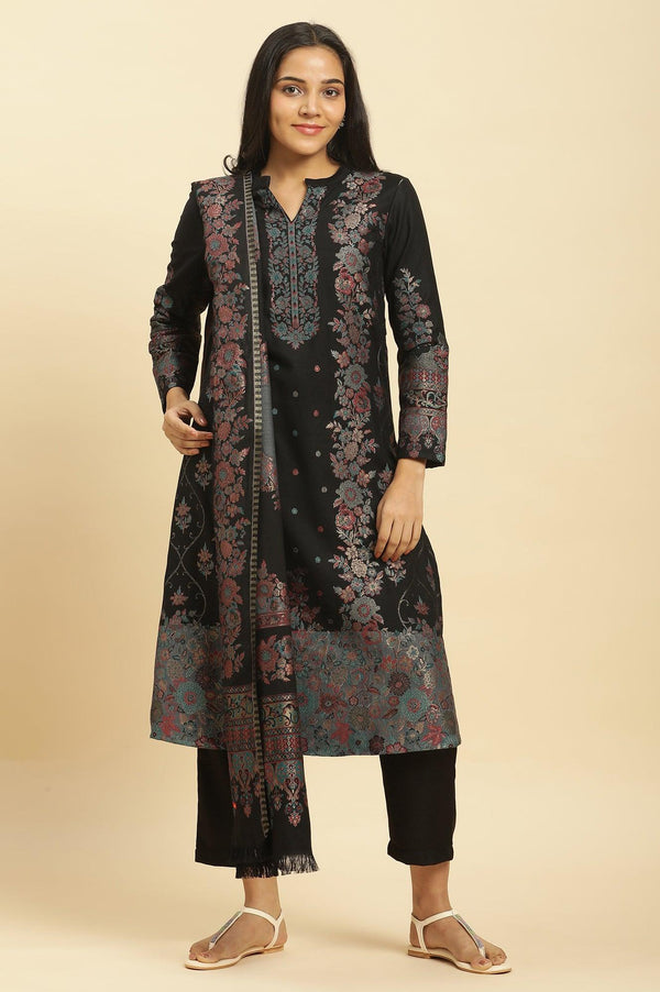 Black Paisley Yoke Gold Zari Acrylic Blend Straight Kurta, Pants and Jacquard Shawl Set