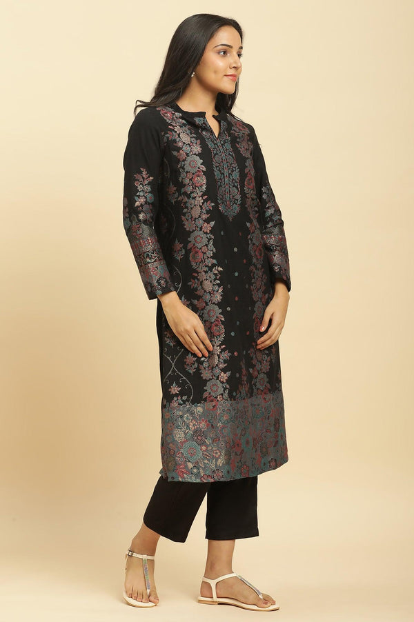 Black Paisley Yoke Gold Zari Acrylic Blend Straight Kurta, Pants and Jacquard Shawl Set