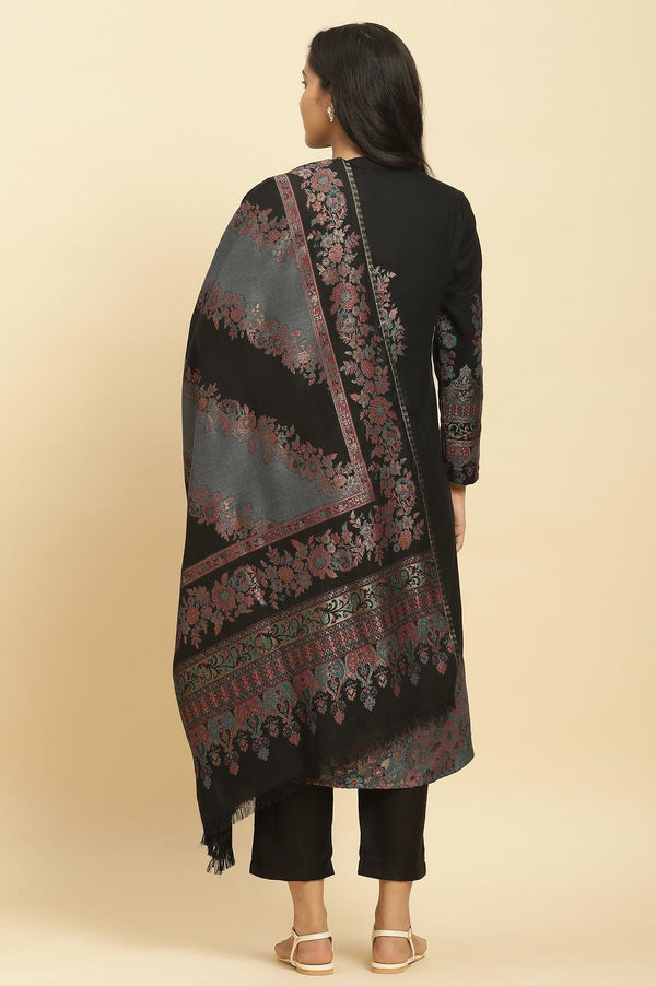 Black Paisley Yoke Gold Zari Acrylic Blend Straight Kurta, Pants and Jacquard Shawl Set