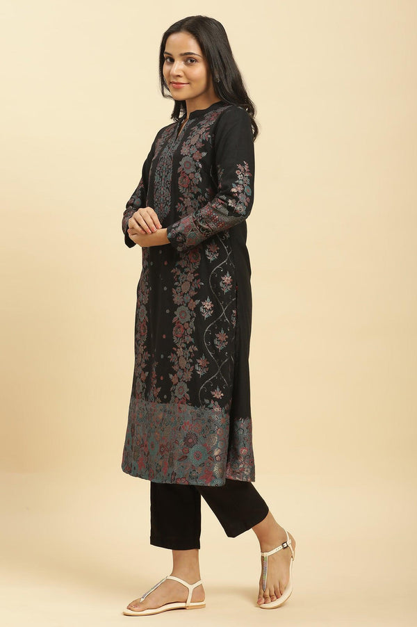 Black Paisley Yoke Gold Zari Acrylic Blend Straight Kurta, Pants and Jacquard Shawl Set