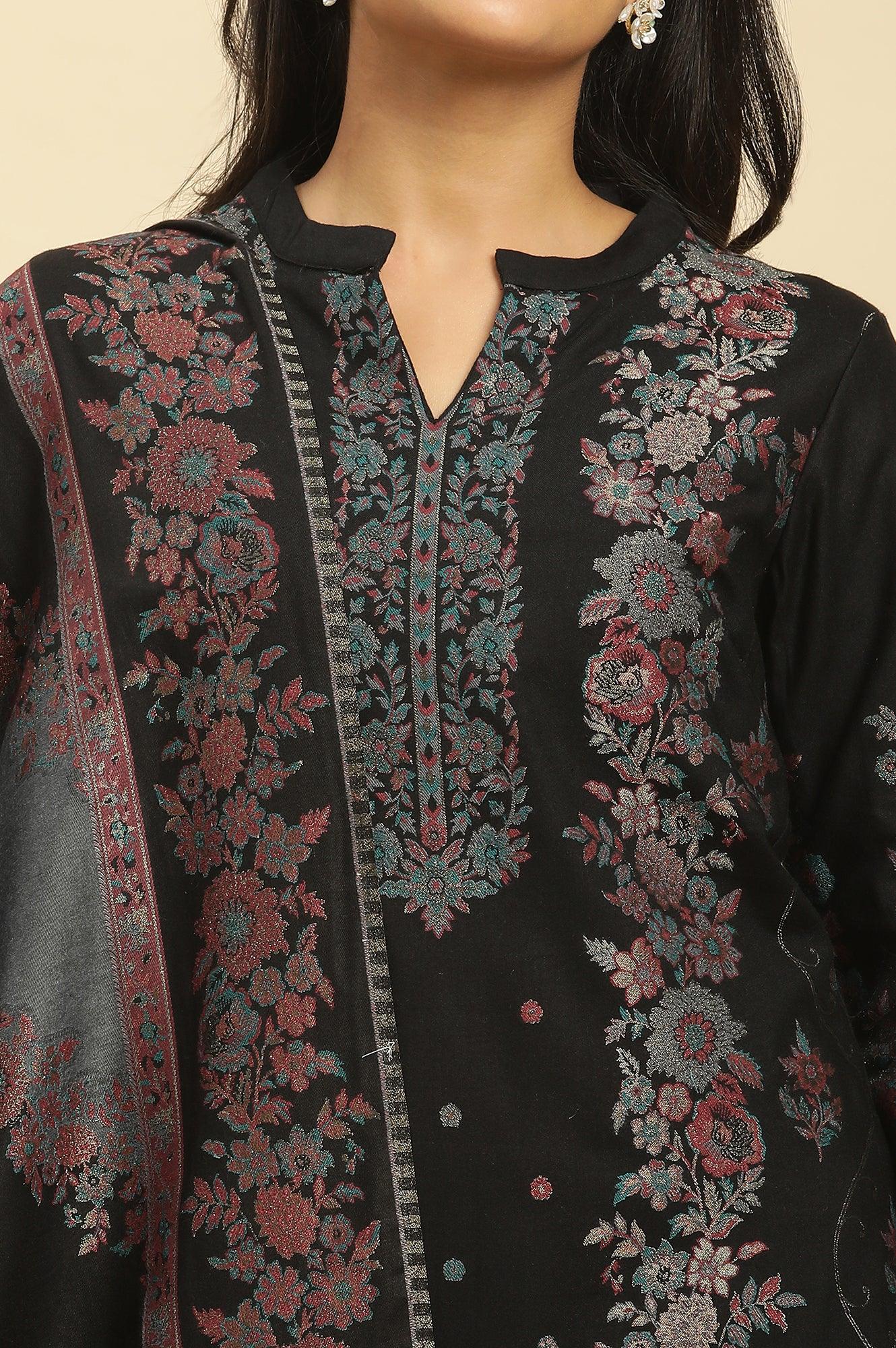 Black Paisley Yoke And Gold Zari Winter Kurta, Pants And Shawl Set - wforwoman