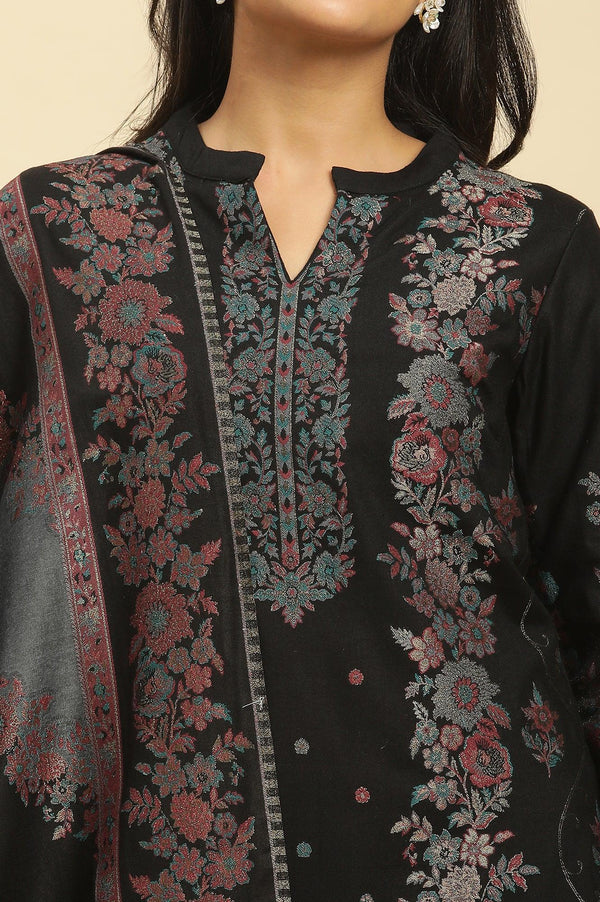 Black Paisley Yoke Gold Zari Acrylic Blend Straight Kurta, Pants and Jacquard Shawl Set