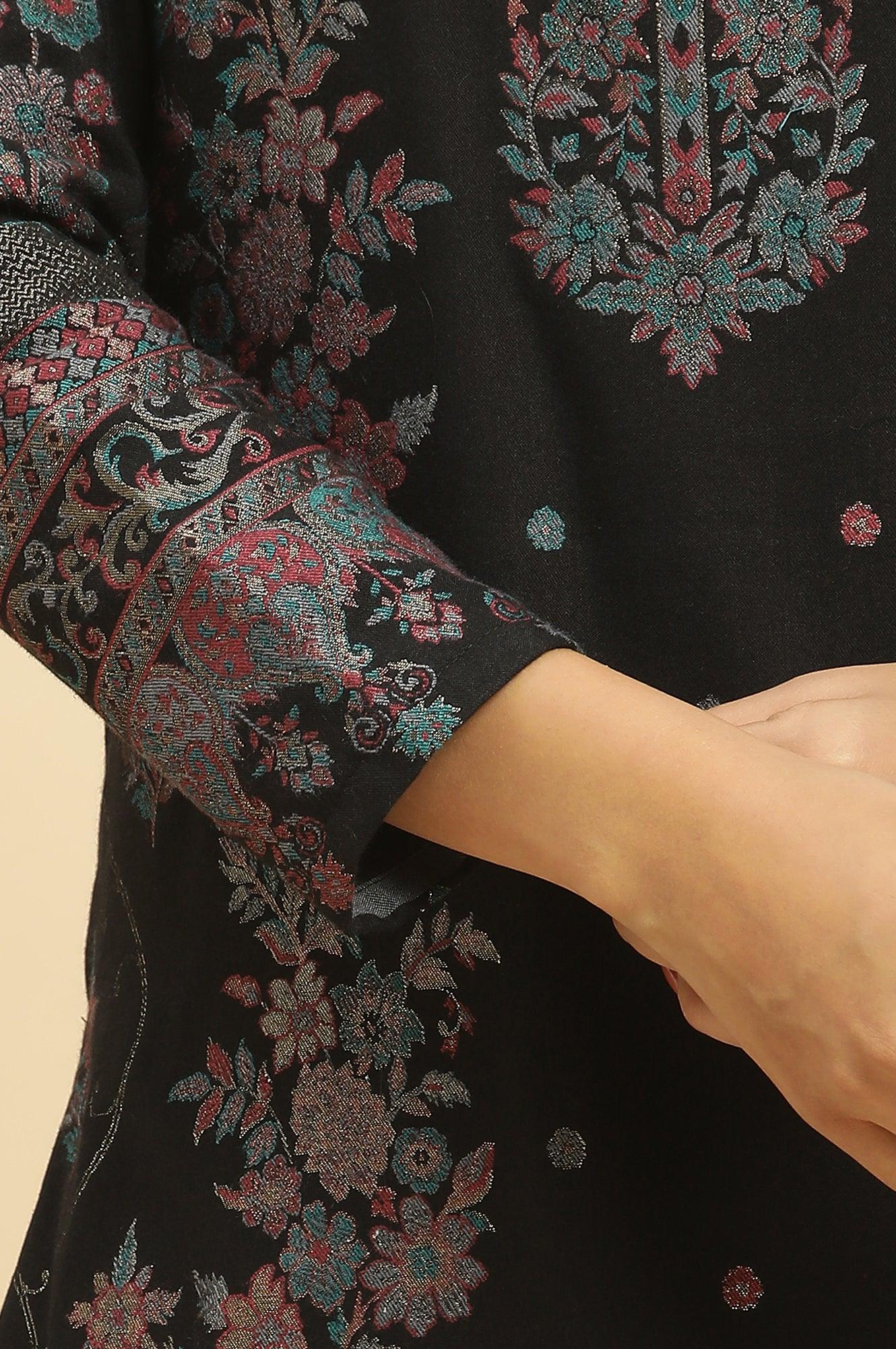 Black Paisley Yoke And Gold Zari Winter Kurta, Pants And Shawl Set - wforwoman