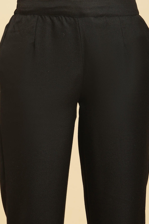 Black Paisley Yoke Gold Zari Acrylic Blend Straight Kurta, Pants and Jacquard Shawl Set