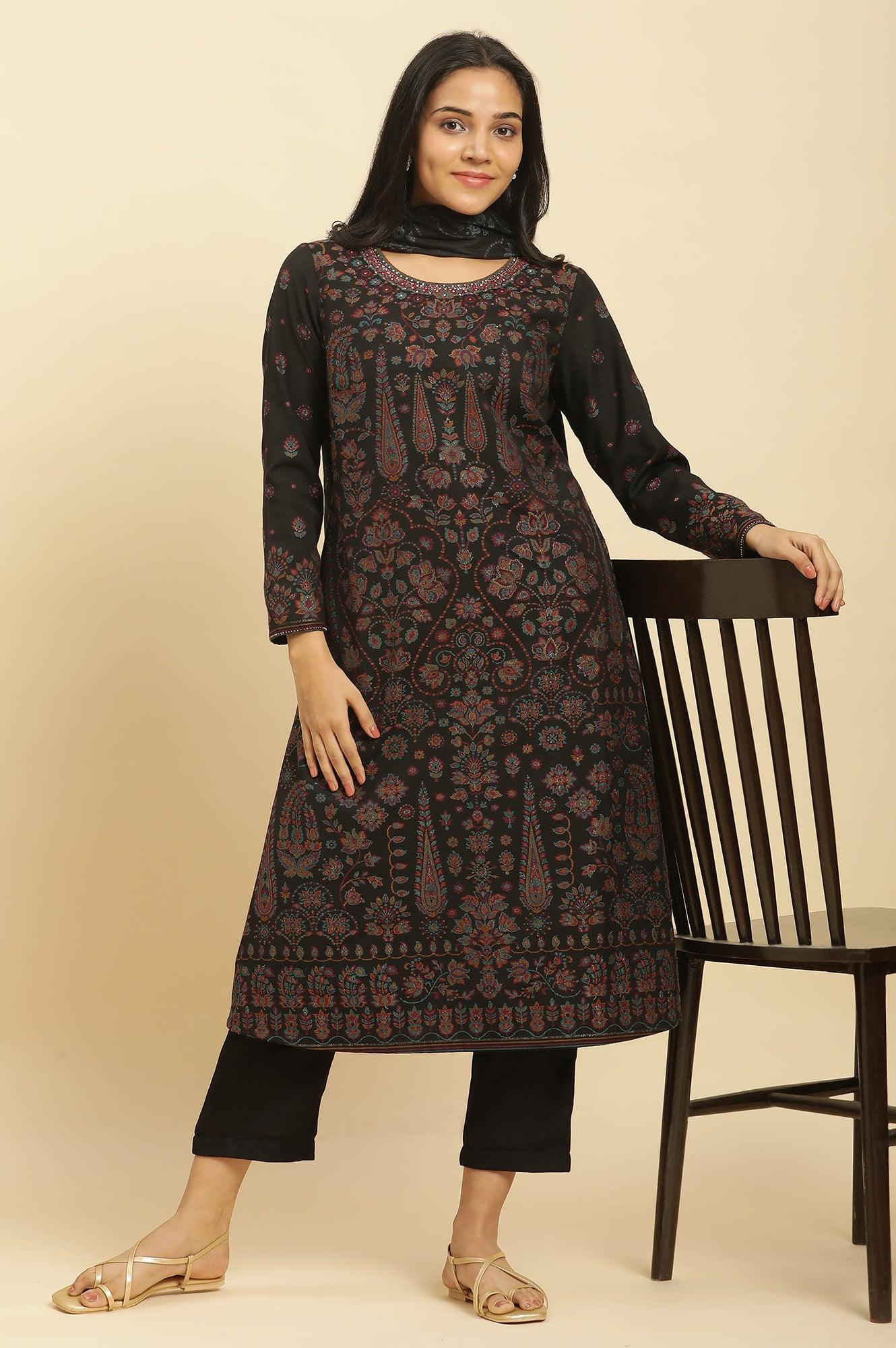 Black Printed Acrylic Kurta, Pants And Shawl Set - wforwoman