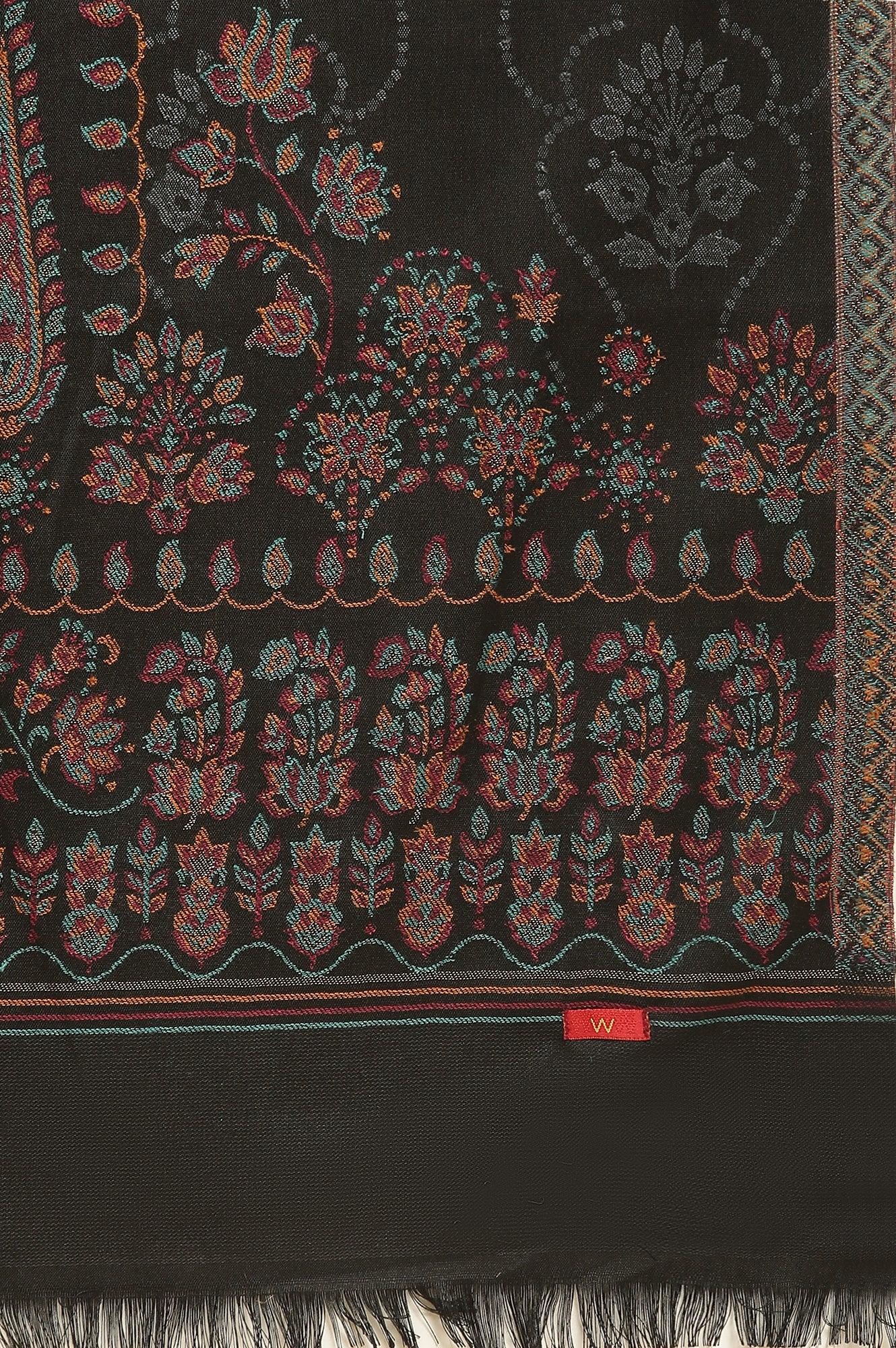 Black Printed Acrylic Kurta, Pants And Shawl Set - wforwoman