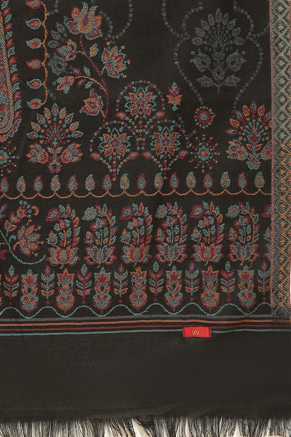 Black Printed Acrylic Kurta, Pants And Shawl Set