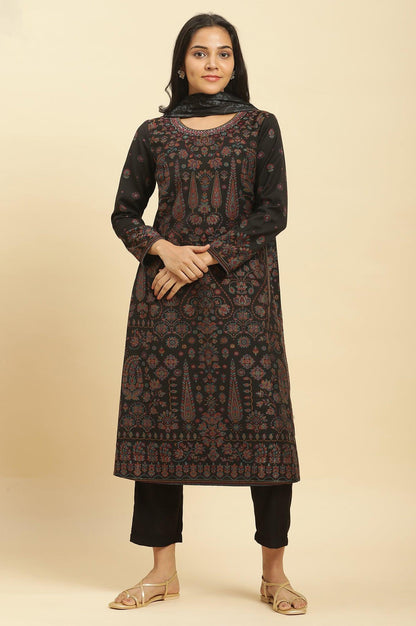 Black Printed Acrylic Kurta, Pants And Shawl Set - wforwoman