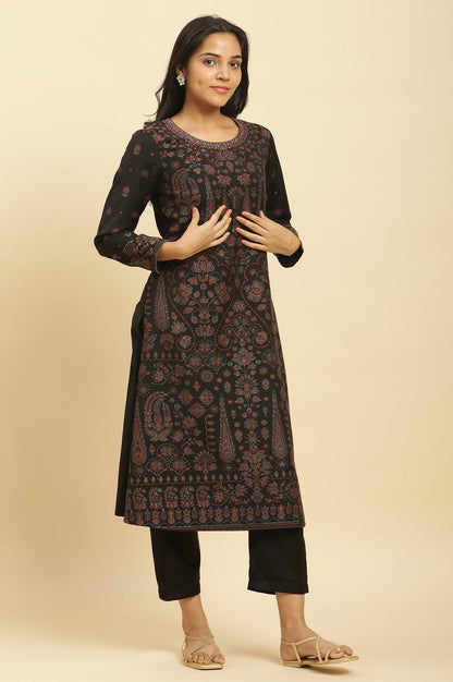 Black Printed Acrylic Kurta, Pants And Shawl Set - wforwoman