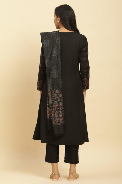 Black Printed Acrylic Kurta, Pants And Shawl Set - wforwoman