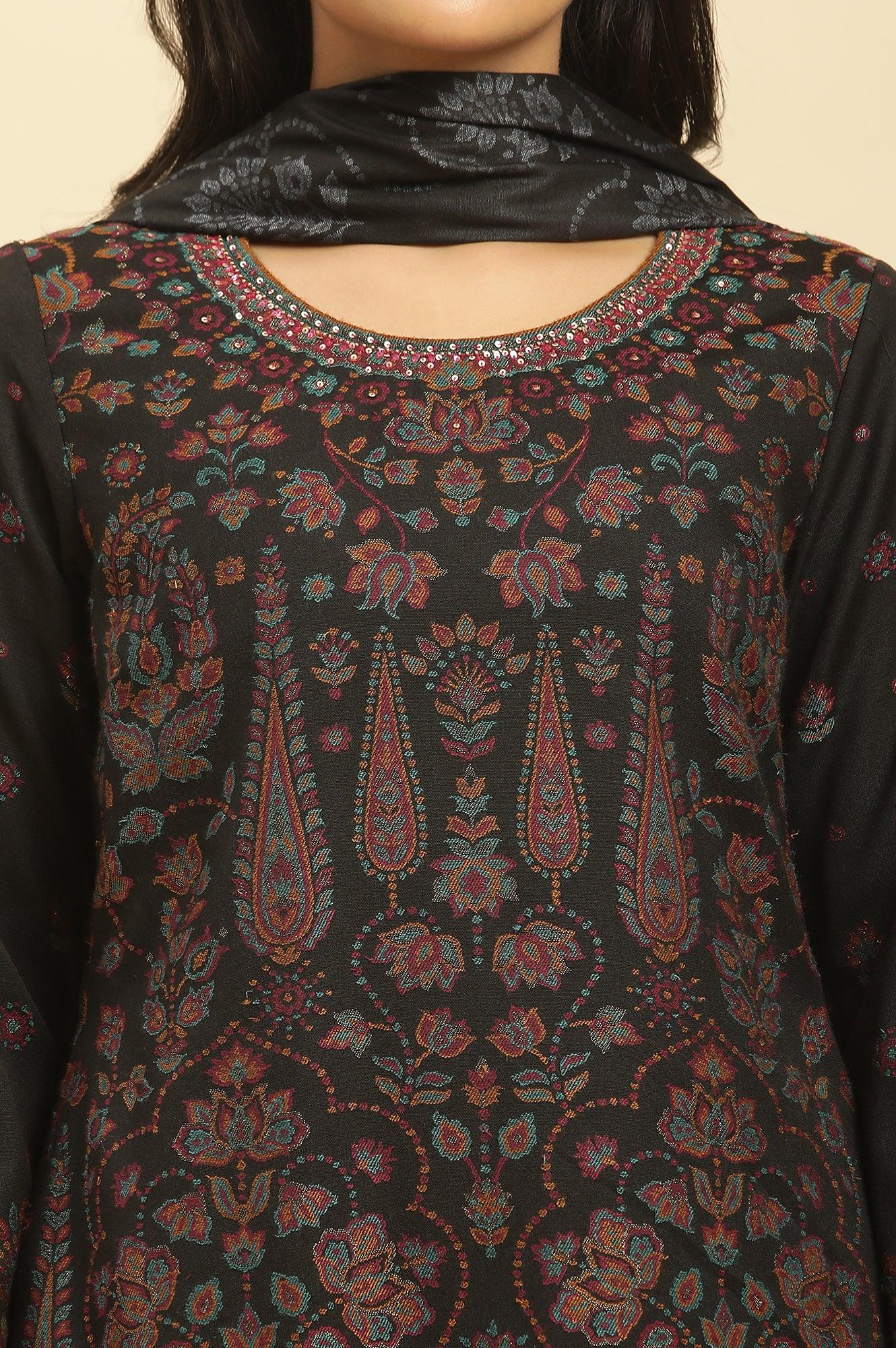 Black Printed Acrylic Kurta, Pants And Shawl Set - wforwoman