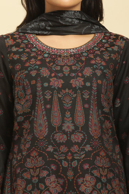 Black Printed Acrylic Kurta, Pants And Shawl Set - wforwoman