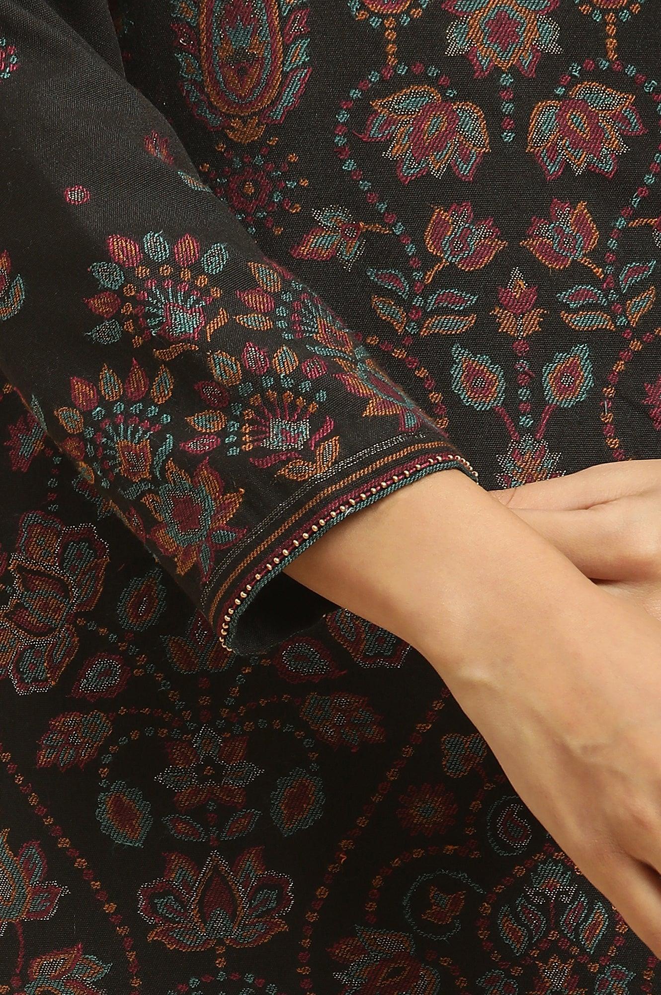 Black Printed Acrylic Kurta, Pants And Shawl Set - wforwoman