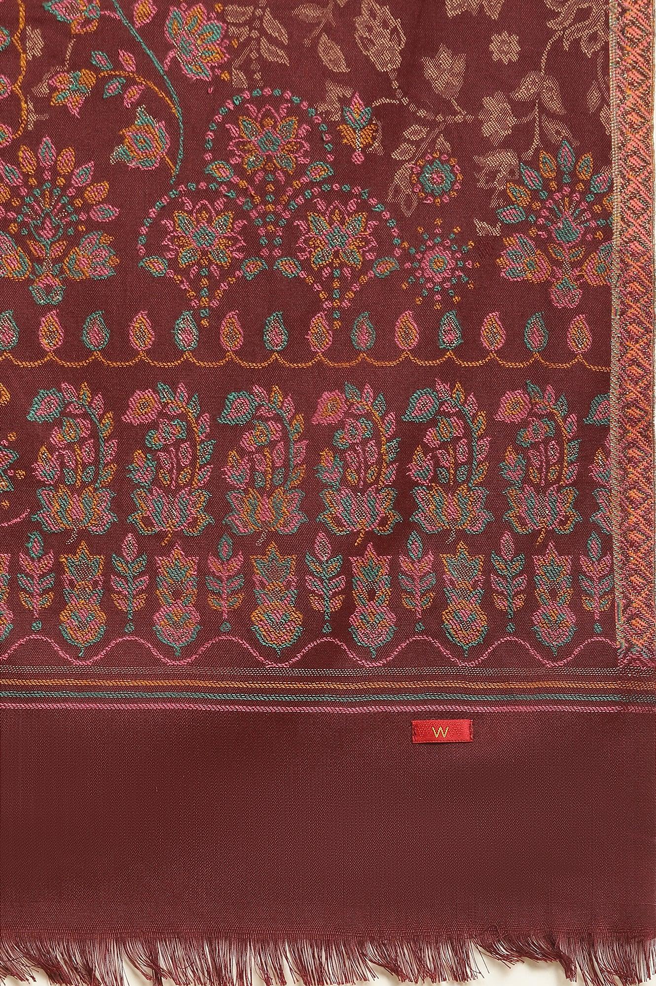 Maroon Printed Acrylic Kurta, Pants And Shawl Set - wforwoman