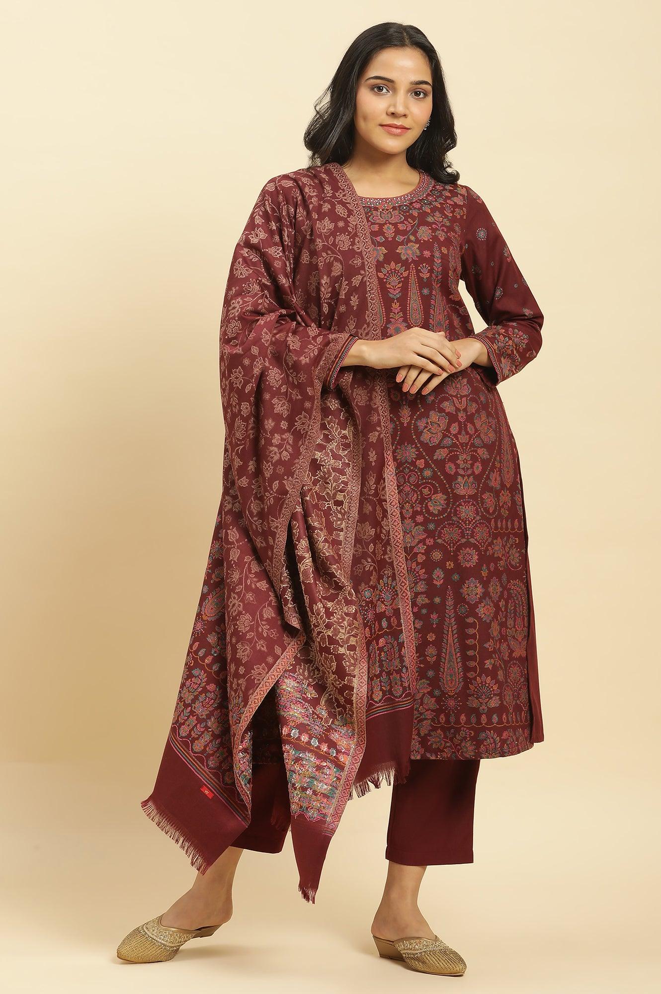Maroon Printed Acrylic Kurta, Pants And Shawl Set - wforwoman