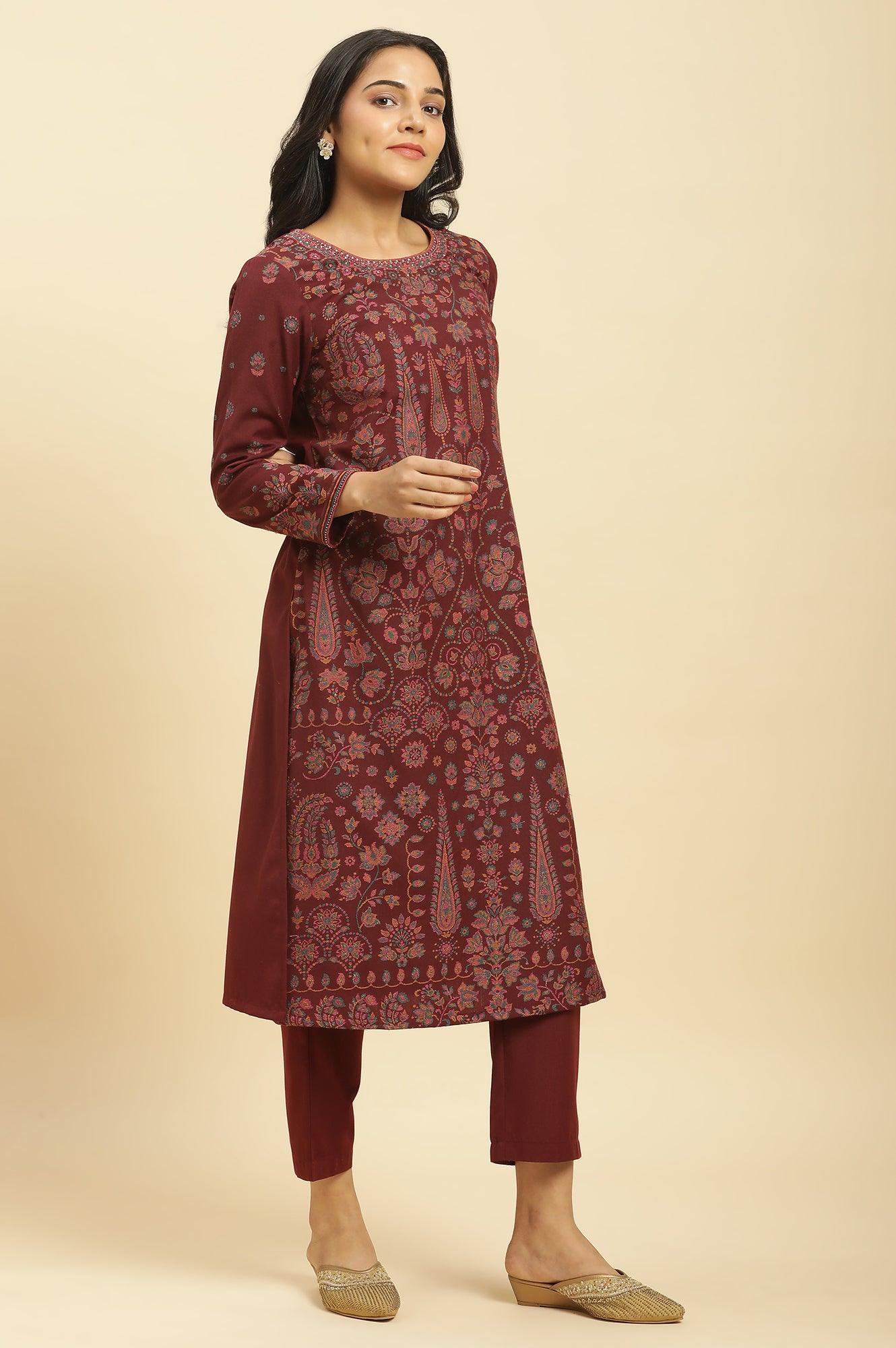 Maroon Printed Acrylic Kurta, Pants And Shawl Set - wforwoman