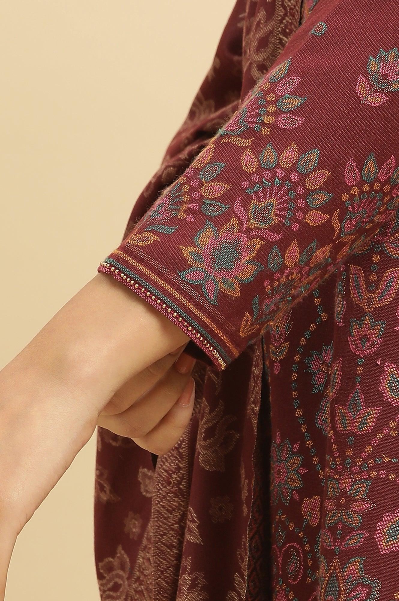Maroon Printed Acrylic Kurta, Pants And Shawl Set - wforwoman