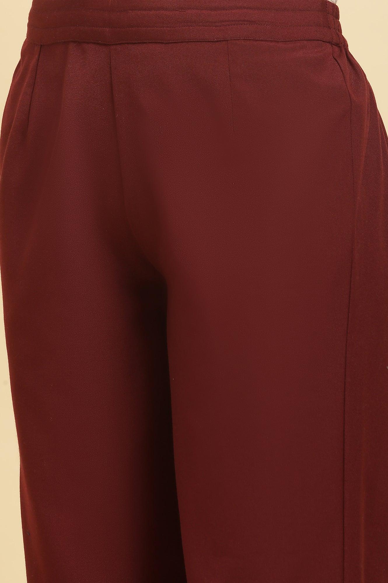 Maroon Printed Acrylic Kurta, Pants And Shawl Set - wforwoman