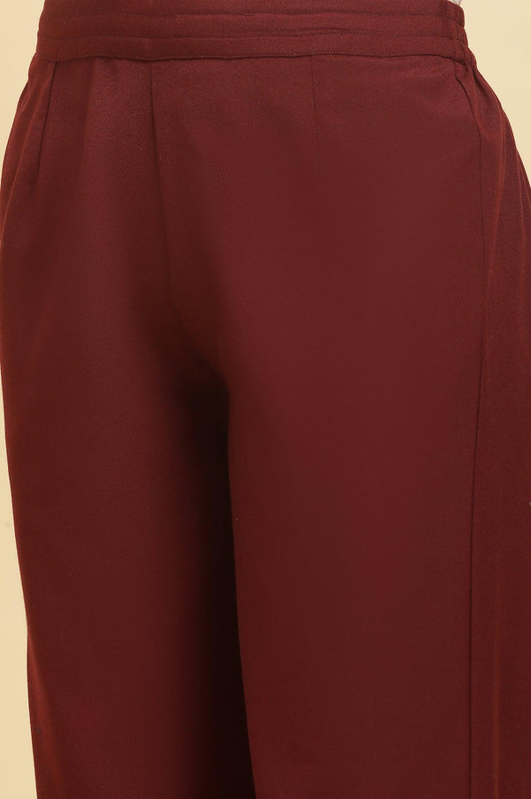 Maroon Printed Acrylic Kurta, Pants And Shawl Set