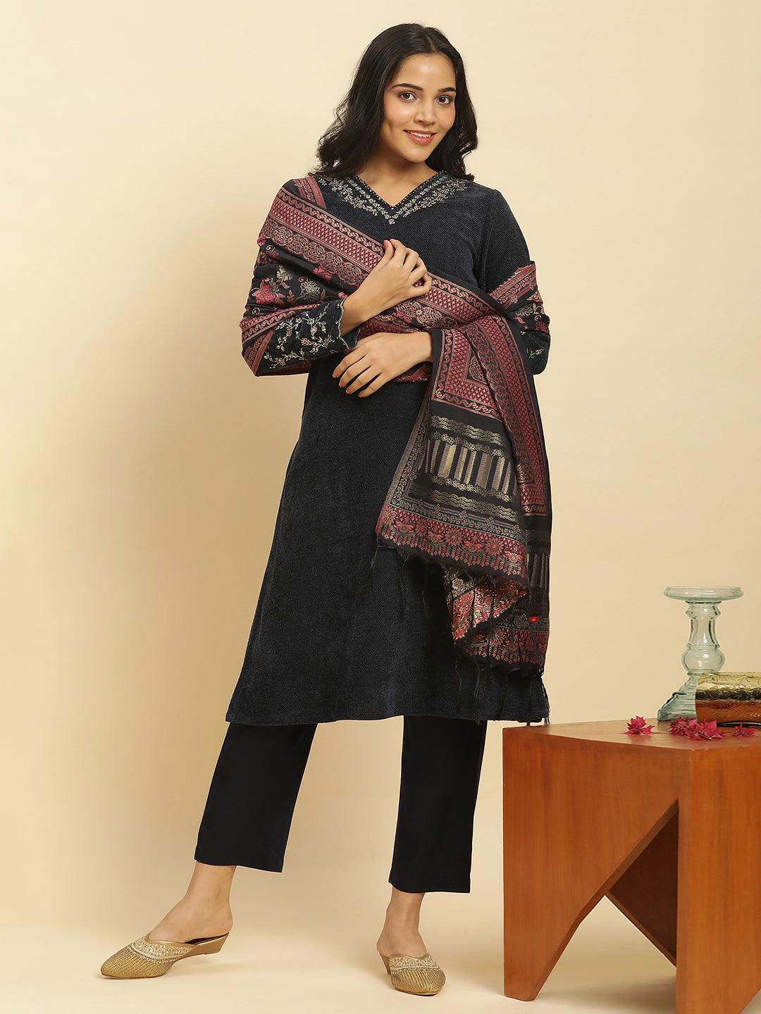 Blue Zari Embroidered Kurta, Pants And Jacquard Dupatta Set - XS