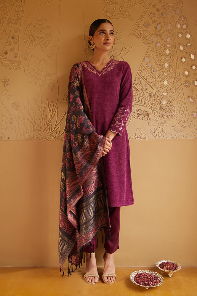 Red Zari Embroidered Kurta, Pants And Jacquard Dupatta Set - XS