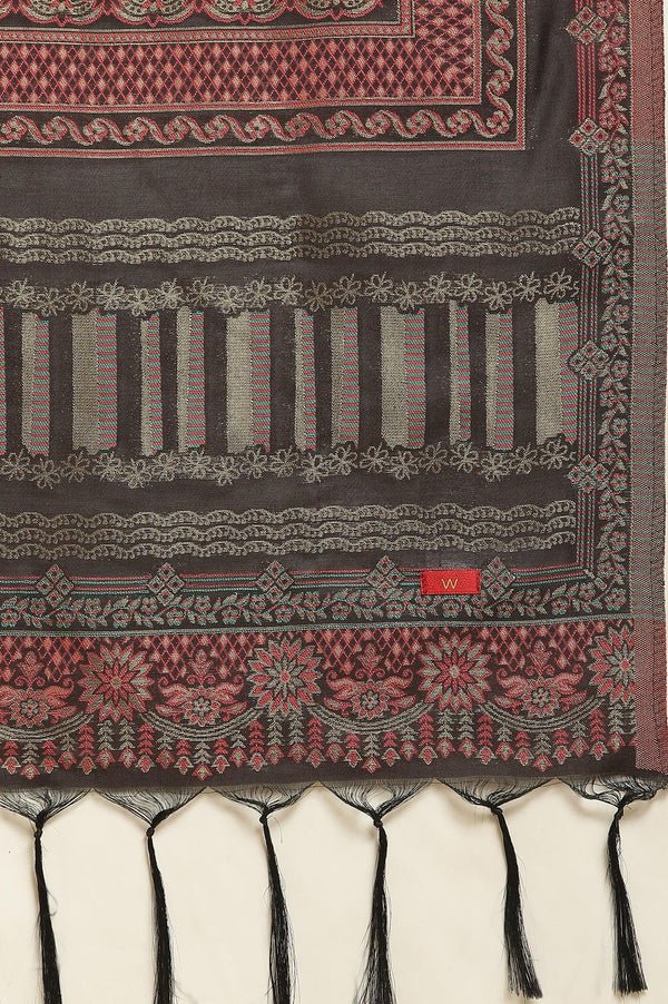 Red Zari Embroidered Kurta, Pants And Jacquard Dupatta Set