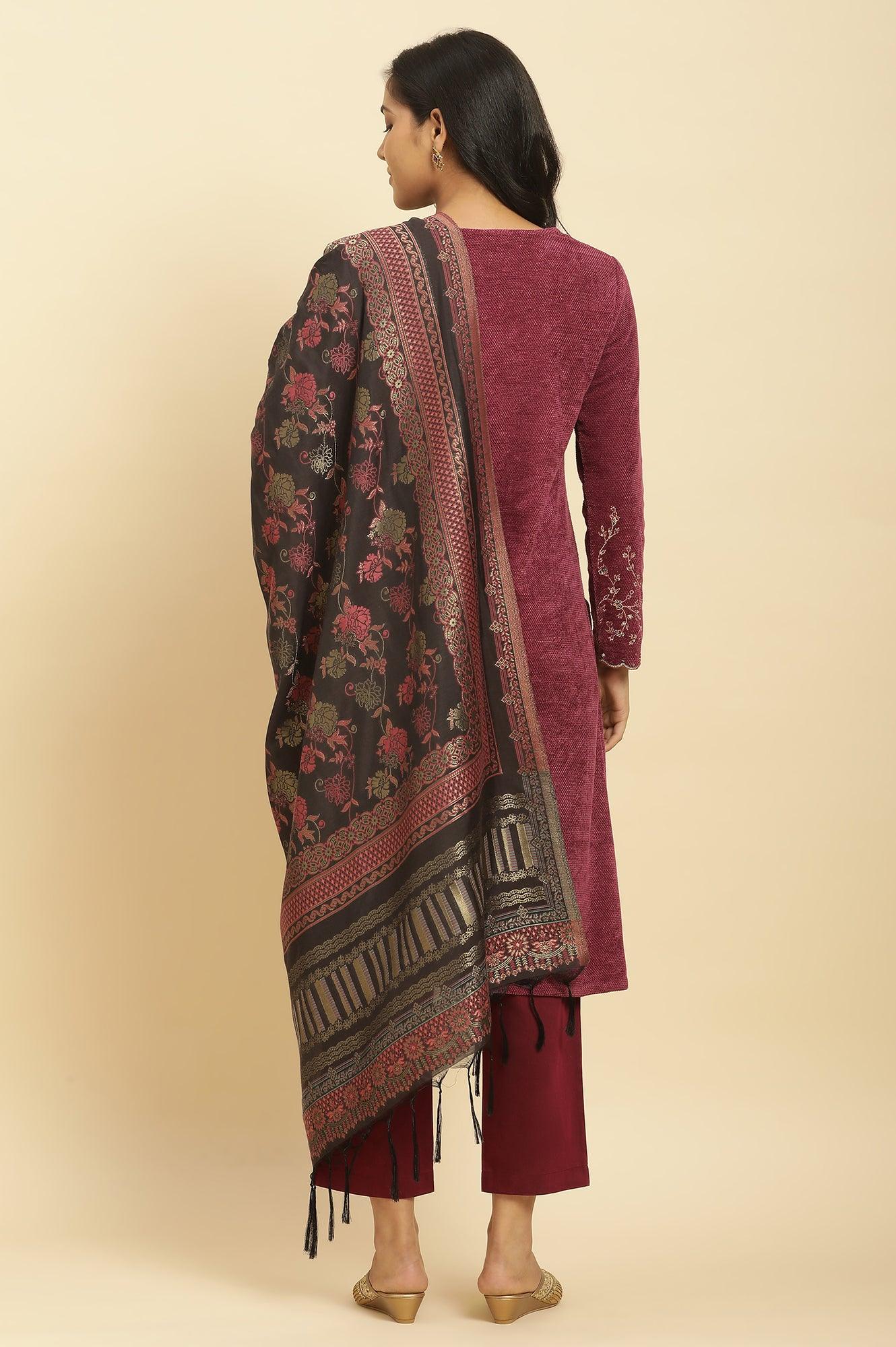 Red Zari Embroidered Kurta, Pants And Jacquard Dupatta Set - wforwoman