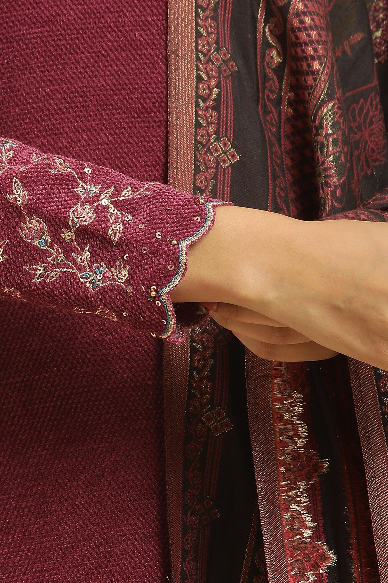 Red Zari Embroidered Kurta, Pants And Jacquard Dupatta Set - wforwoman