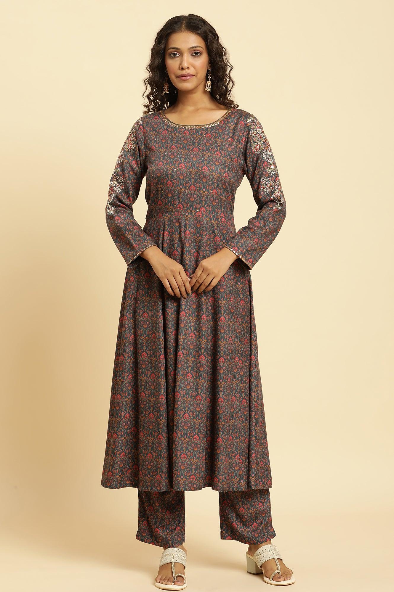 Blue Embellished Flared Kurta And Pants Set - wforwoman