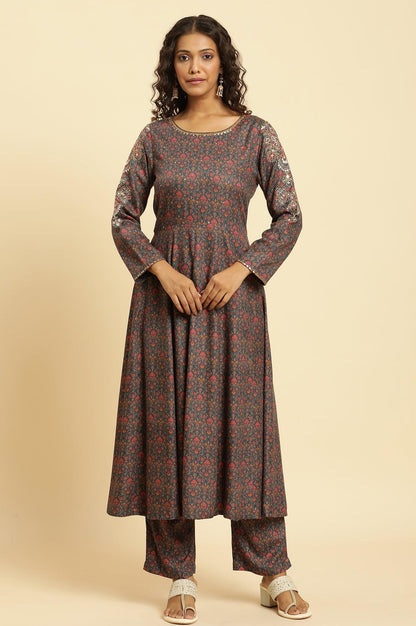 Blue Embellished Flared Kurta And Pants Set - wforwoman