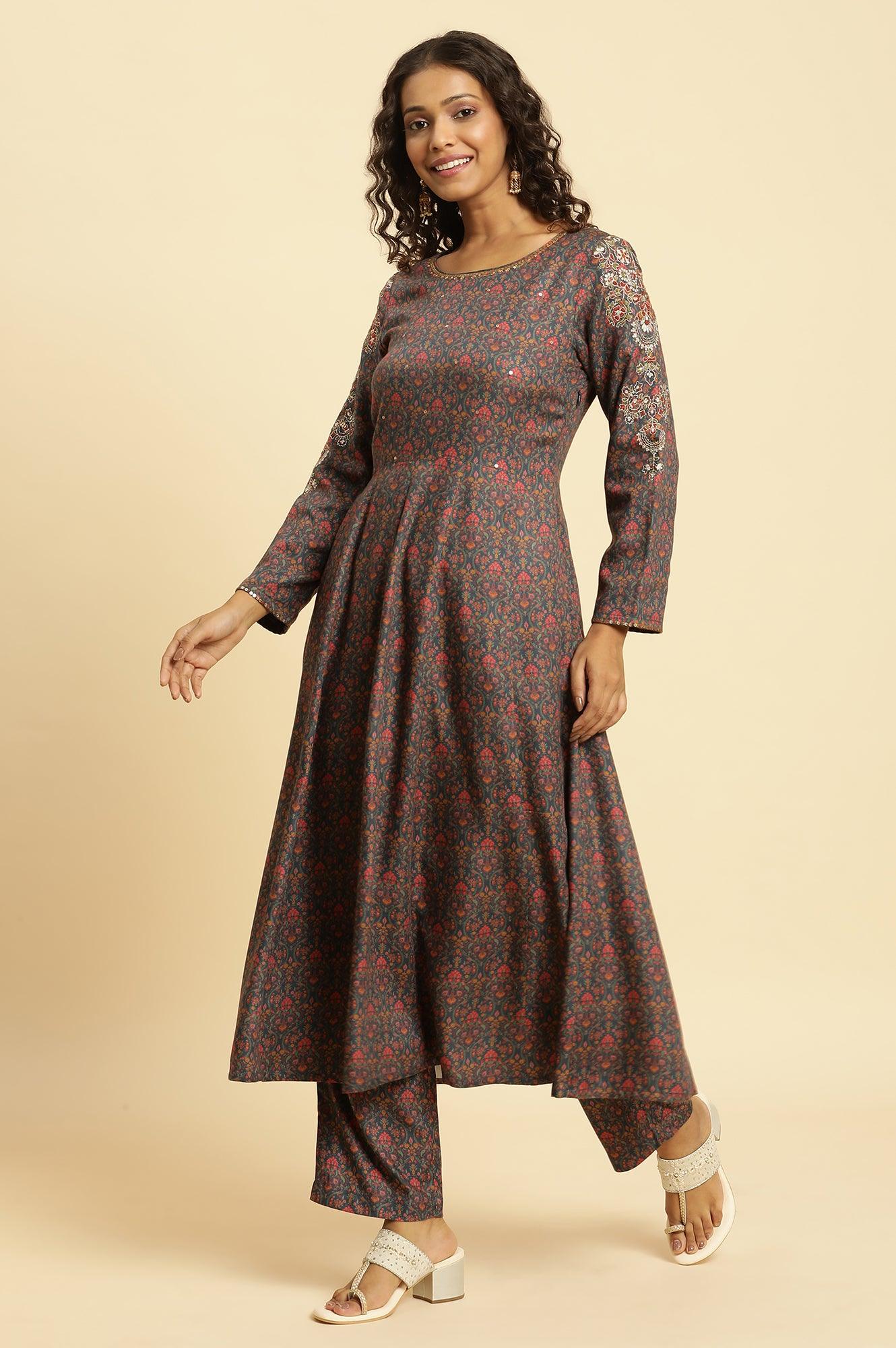 Blue Embellished Flared Kurta And Pants Set - wforwoman