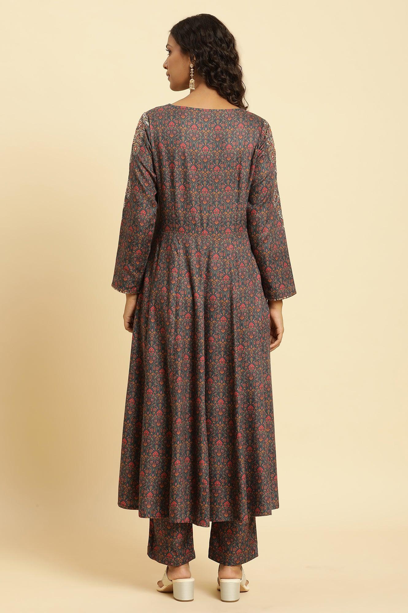 Blue Embellished Flared Kurta And Pants Set - wforwoman