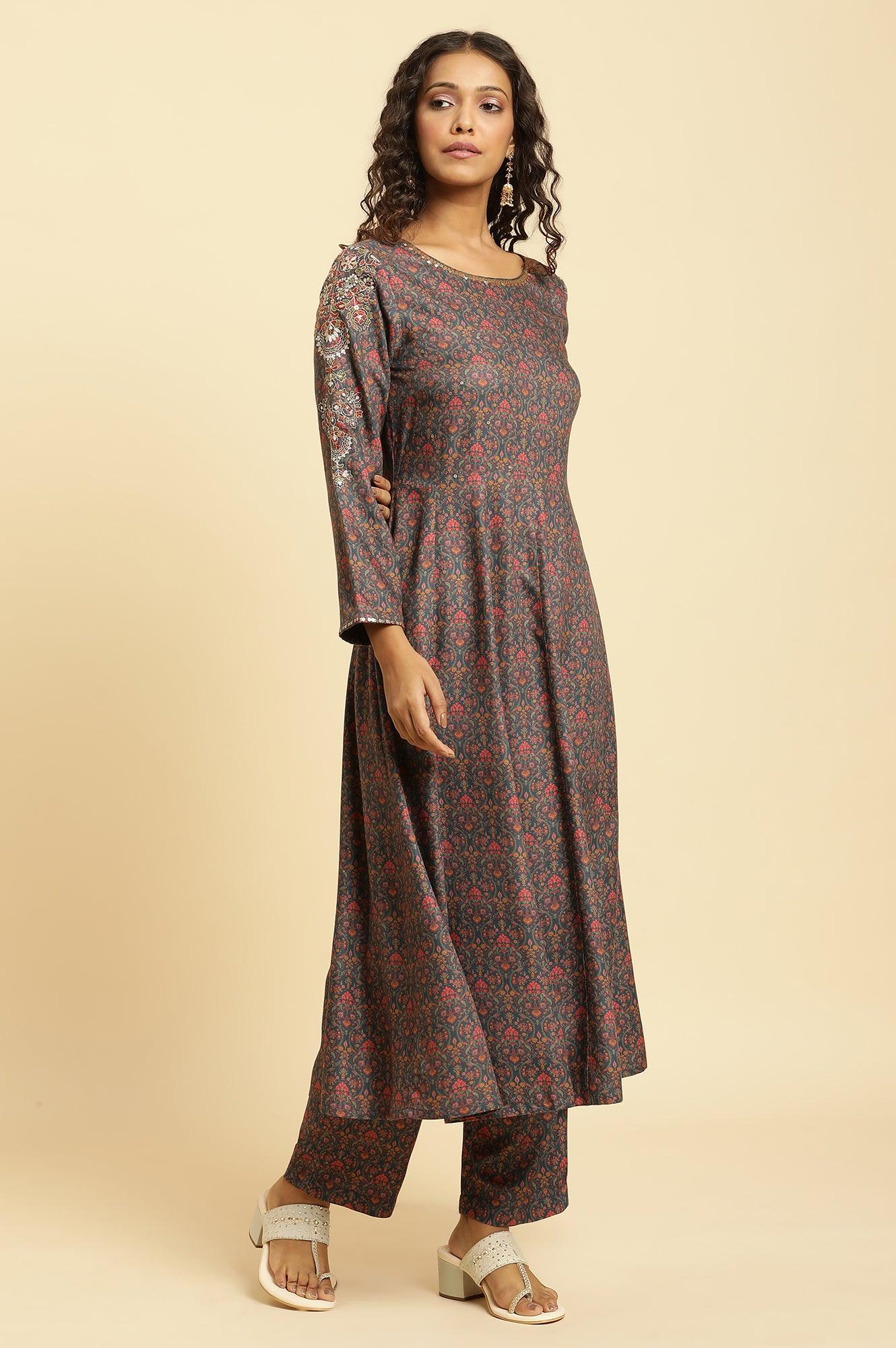 Blue Embellished Flared Kurta And Pants Set - wforwoman