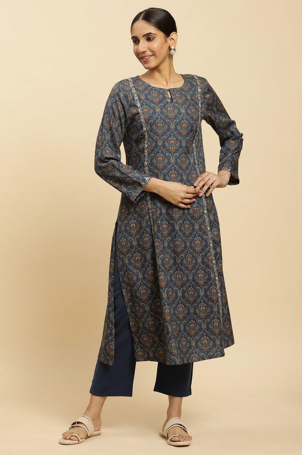 Royal Blue Printed Acrylic Kurta And Pants Set