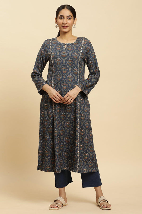Royal Blue Printed Acrylic Kurta And Pants Set