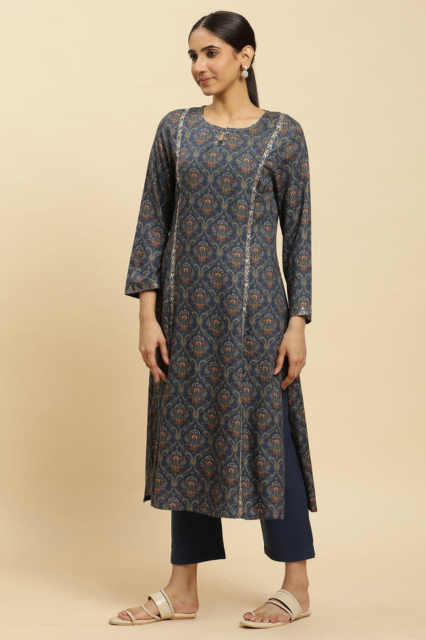 Royal Blue Printed Acrylic Kurta And Pants Set