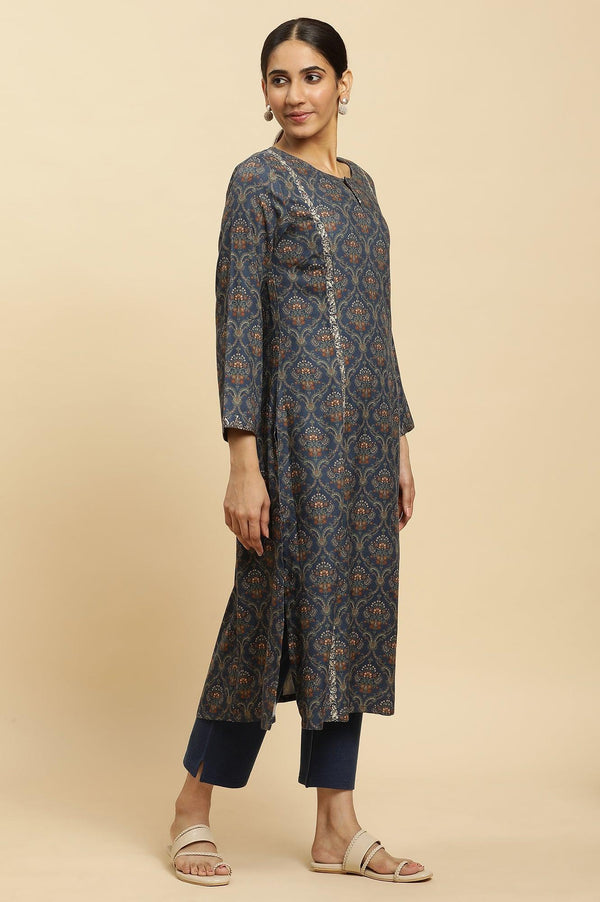 Royal Blue Printed Acrylic Kurta And Pants Set