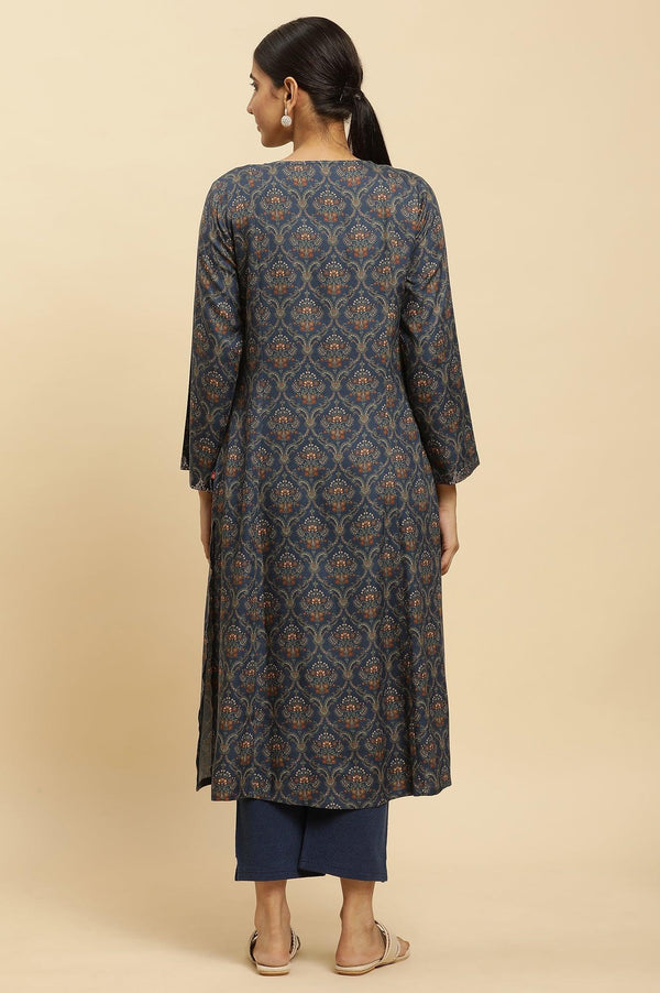 Royal Blue Printed Acrylic Kurta And Pants Set