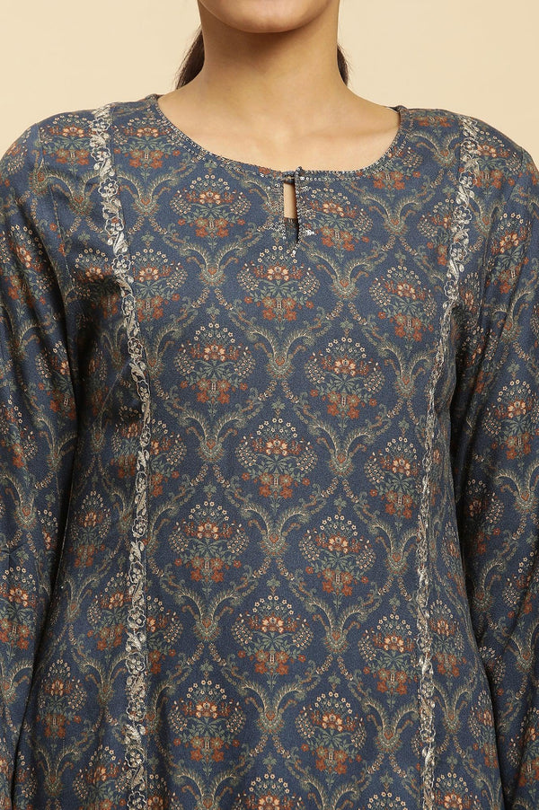 Royal Blue Printed Acrylic Kurta And Pants Set