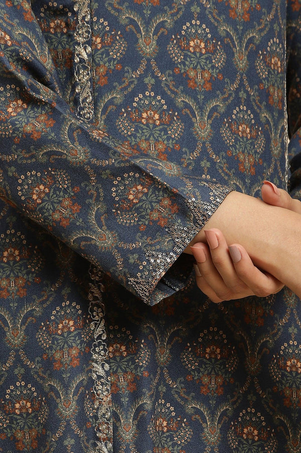 Royal Blue Printed Acrylic Kurta And Pants Set