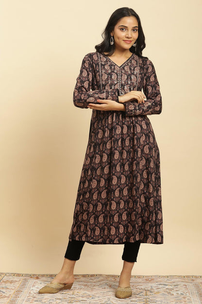 Black Paisley Printed Winter Kurta And Tights Set - wforwoman