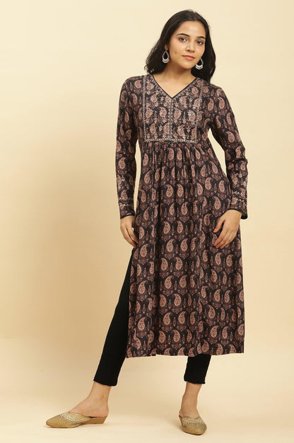 Black Paisley Printed Winter Kurta And Tights Set - wforwoman